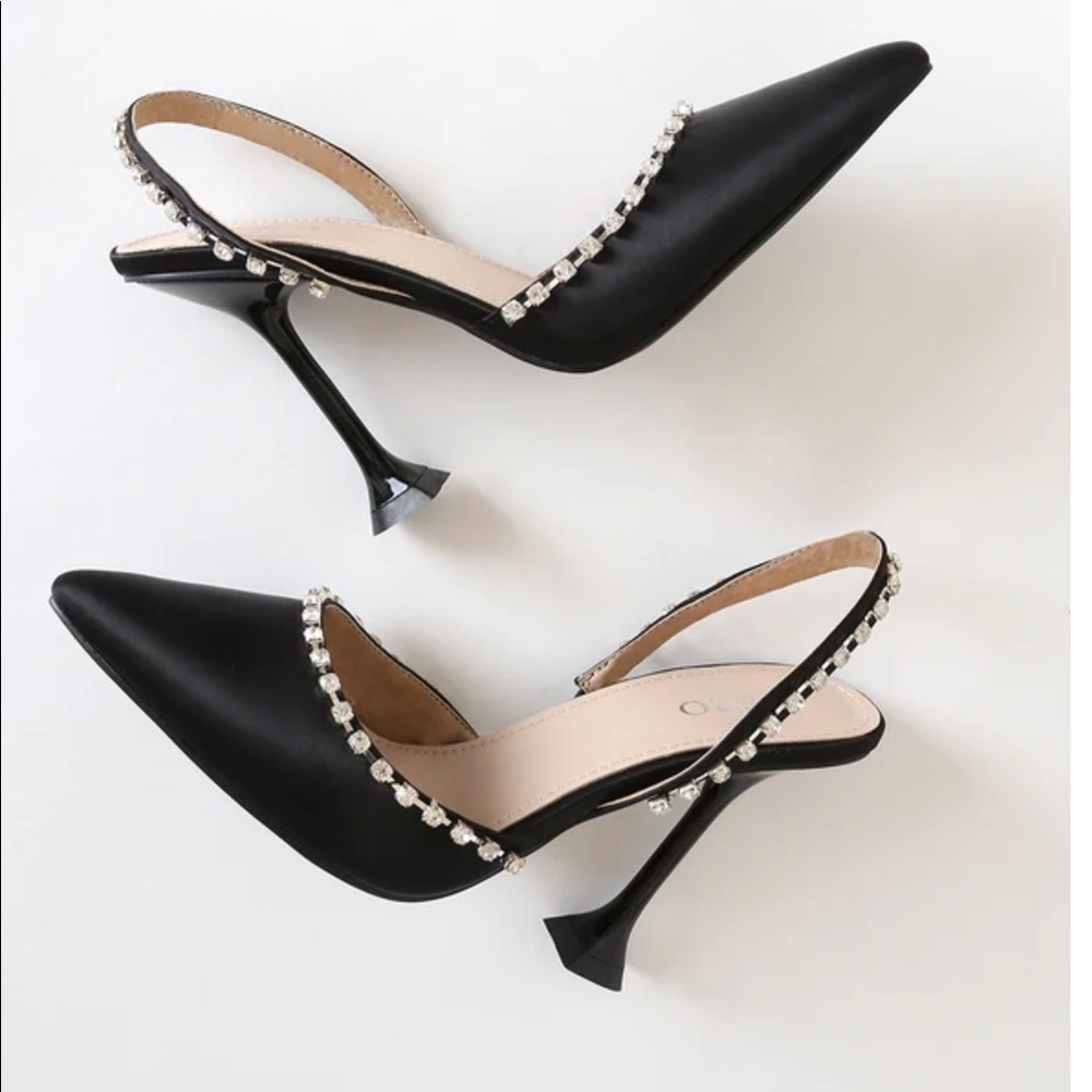 Size 9.5 Crystal Black Satin Rhinestone Heels